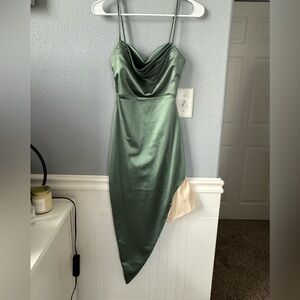 Windsor Asymmetrical Satin Dress in Green and Cream